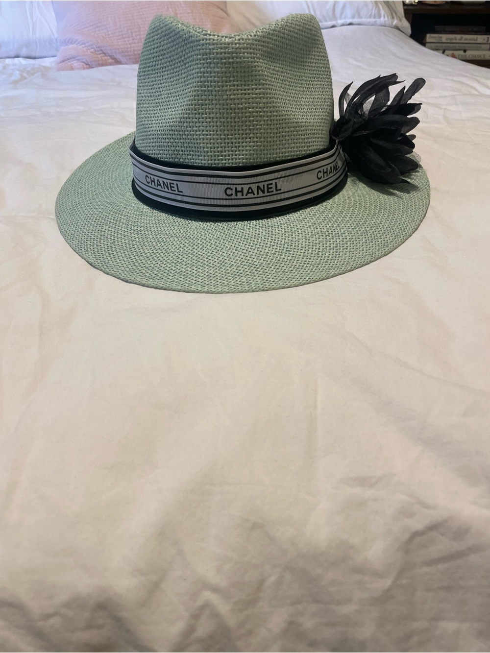 Chanel recycled ribbon mint Straw Fedora with Ribbon and Black Flower